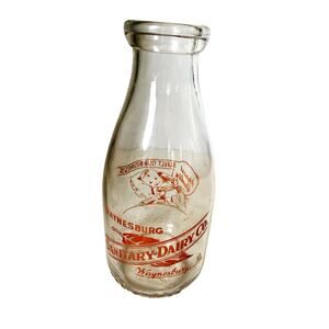 Sanitary Dairy Co Quart Milk Bottle 2 Side Print w Baby Waynesbury Pa